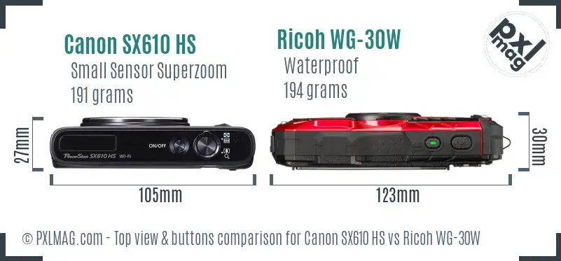 Canon SX610 HS vs Ricoh WG-30W top view buttons comparison