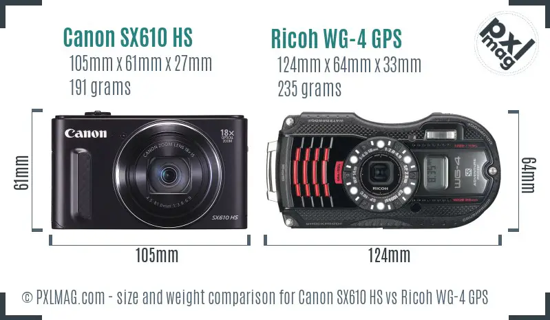 Canon SX610 HS vs Ricoh WG-4 GPS size comparison Canon SX610 HS vs Ricoh WG-4 GPS size comparison