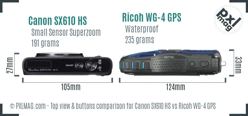 Canon SX610 HS vs Ricoh WG-4 GPS top view buttons comparison Canon SX610 HS vs Ricoh WG-4 GPS top view buttons comparison