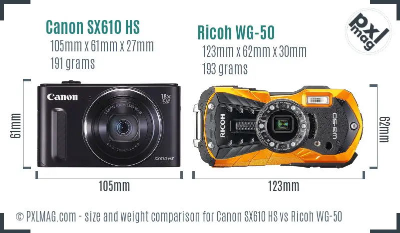 Canon SX610 HS vs Ricoh WG-50 size comparison