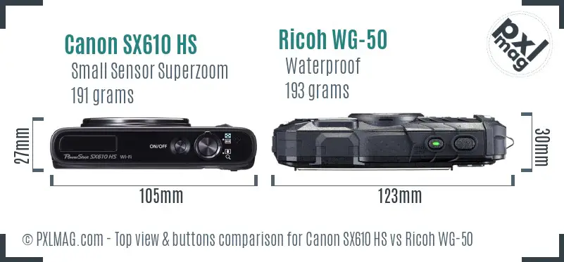 Canon SX610 HS vs Ricoh WG-50 top view buttons comparison