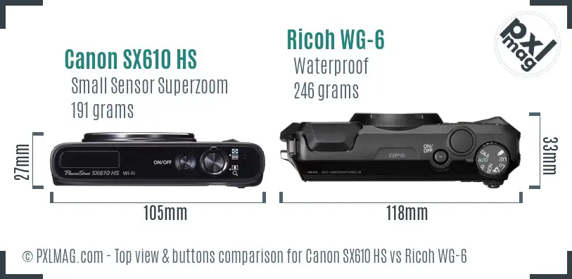 Canon SX610 HS vs Ricoh WG-6 top view buttons comparison Canon SX610 HS vs Ricoh WG-6 top view buttons comparison