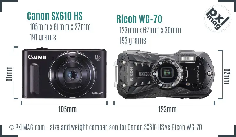 Canon SX610 HS vs Ricoh WG-70 size comparison Canon SX610 HS vs Ricoh WG-70 size comparison