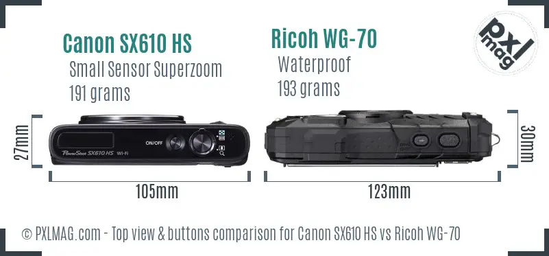 Canon SX610 HS vs Ricoh WG-70 top view buttons comparison Canon SX610 HS vs Ricoh WG-70 top view buttons comparison