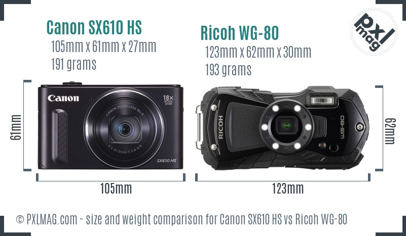 Canon SX610 HS vs Ricoh WG-80 size comparison