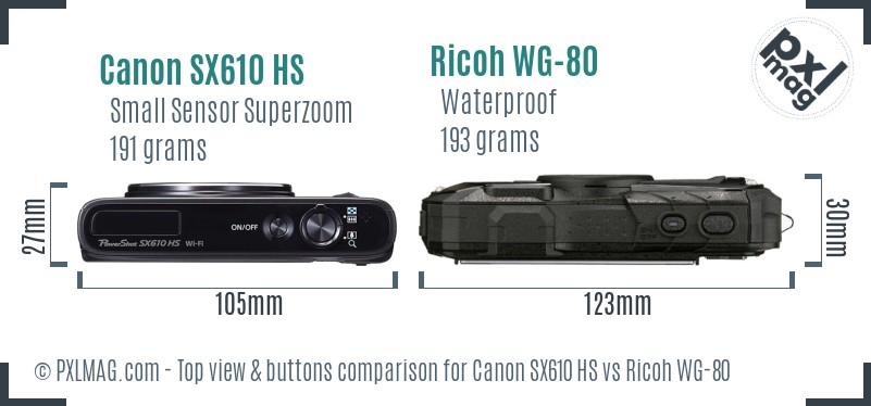 Canon SX610 HS vs Ricoh WG-80 top view buttons comparison
