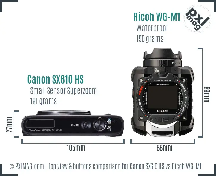 Canon SX610 HS vs Ricoh WG-M1 top view buttons comparison Canon SX610 HS vs Ricoh WG-M1 top view buttons comparison