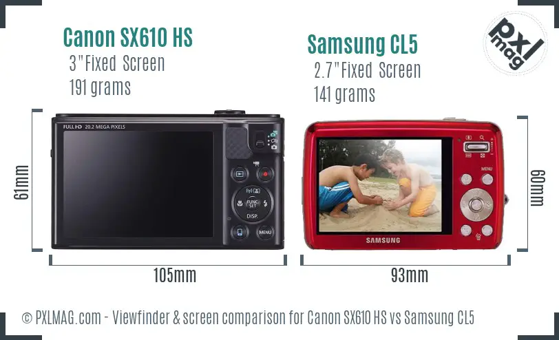 Canon SX610 HS vs Samsung CL5 Screen and Viewfinder comparison