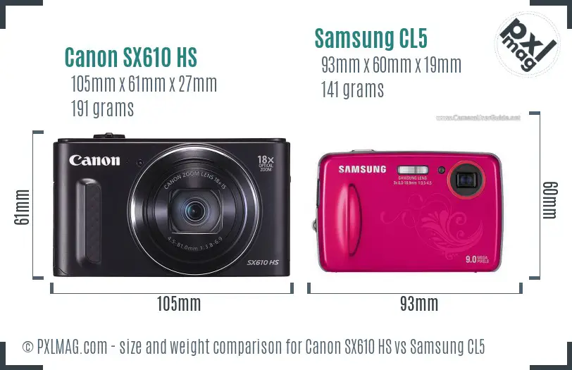 Canon SX610 HS vs Samsung CL5 size comparison