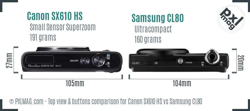 Canon SX610 HS vs Samsung CL80 top view buttons comparison Canon SX610 HS vs Samsung CL80 top view buttons comparison