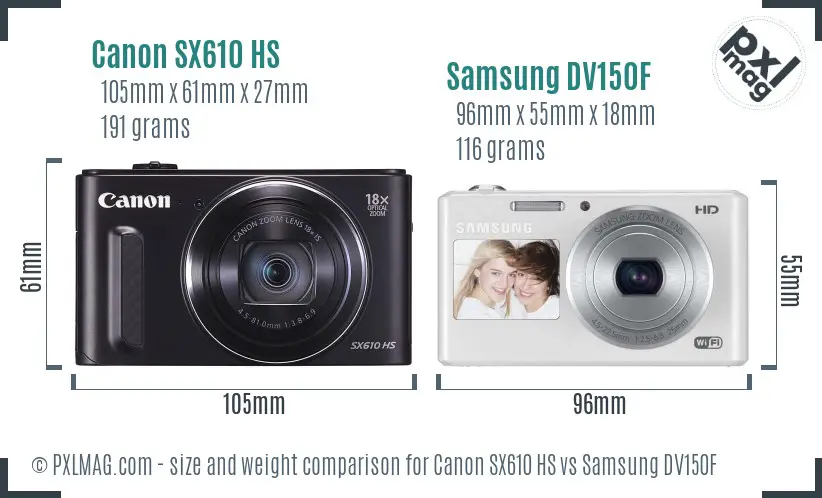 Canon SX610 HS vs Samsung DV150F size comparison