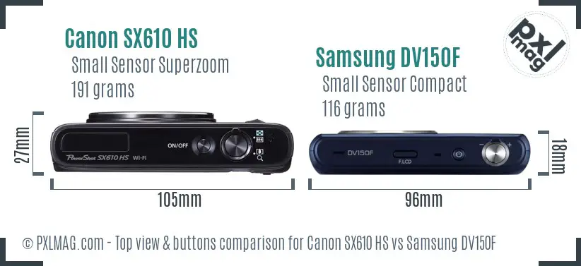 Canon SX610 HS vs Samsung DV150F top view buttons comparison