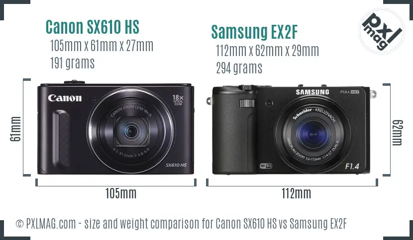 Canon SX610 HS vs Samsung EX2F size comparison