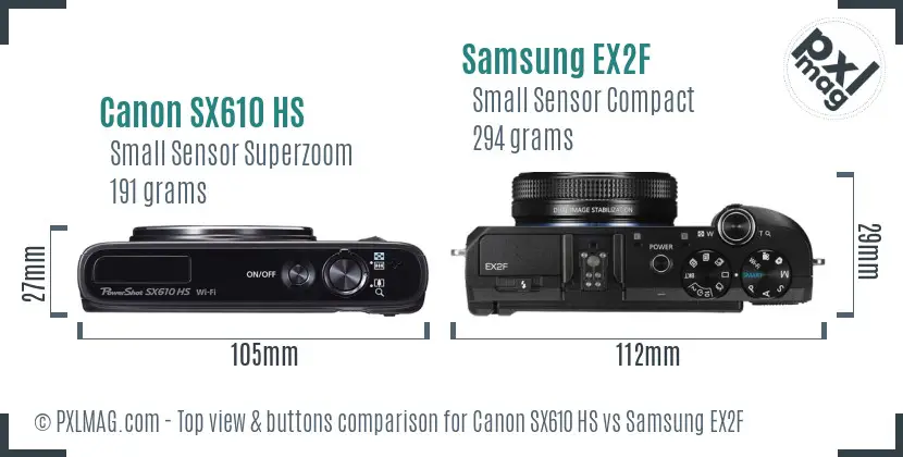 Canon SX610 HS vs Samsung EX2F top view buttons comparison