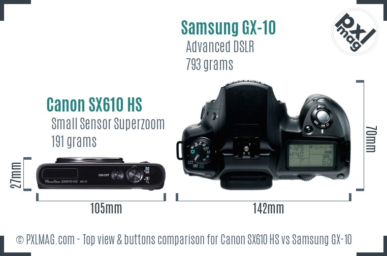 Canon SX610 HS vs Samsung GX-10 top view buttons comparison