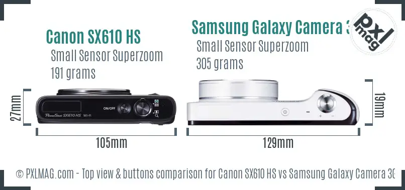 Canon SX610 HS vs Samsung Galaxy Camera 3G top view buttons comparison