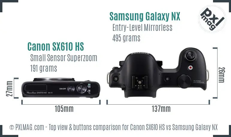 Canon SX610 HS vs Samsung Galaxy NX top view buttons comparison