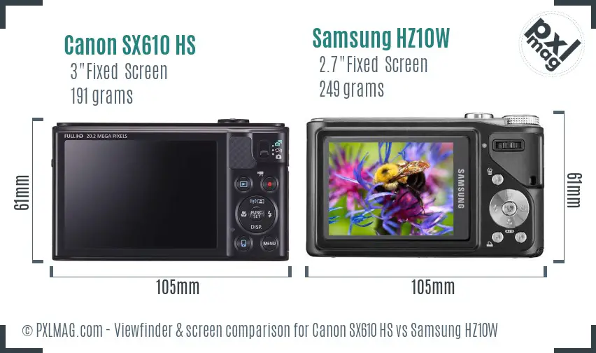 Canon SX610 HS vs Samsung HZ10W Screen and Viewfinder comparison