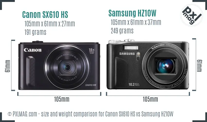 Canon SX610 HS vs Samsung HZ10W size comparison