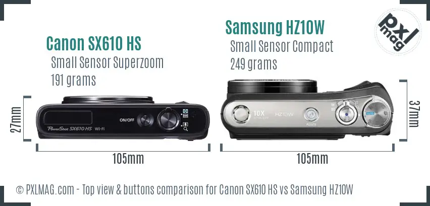 Canon SX610 HS vs Samsung HZ10W top view buttons comparison