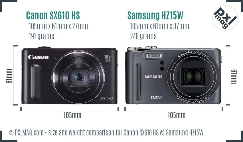 Canon SX610 HS vs Samsung HZ15W size comparison