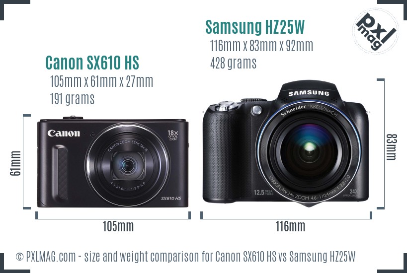 Canon SX610 HS vs Samsung HZ25W size comparison