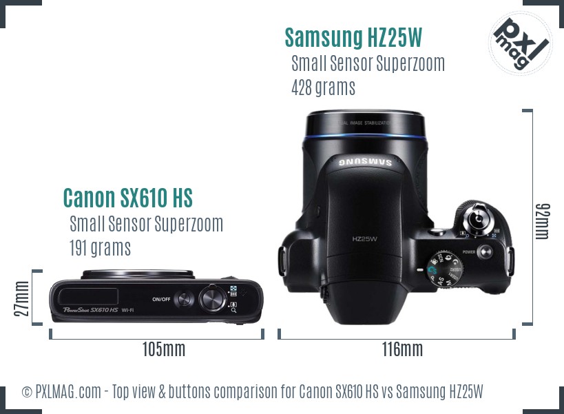 Canon SX610 HS vs Samsung HZ25W top view buttons comparison