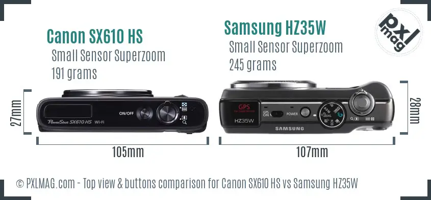 Canon SX610 HS vs Samsung HZ35W top view buttons comparison Canon SX610 HS vs Samsung HZ35W top view buttons comparison