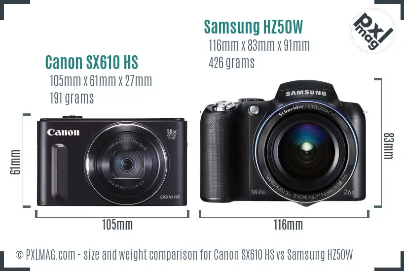 Canon SX610 HS vs Samsung HZ50W size comparison