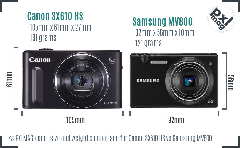 Canon SX610 HS vs Samsung MV800 size comparison