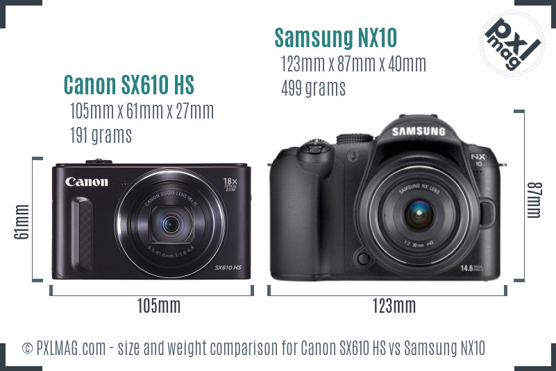 Canon SX610 HS vs Samsung NX10 size comparison