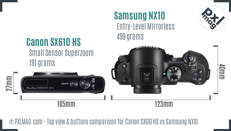 Canon SX610 HS vs Samsung NX10 top view buttons comparison