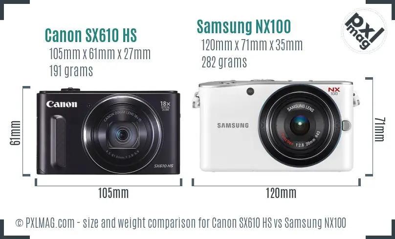 Canon SX610 HS vs Samsung NX100 size comparison Canon SX610 HS vs Samsung NX100 size comparison