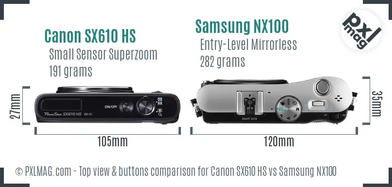 Canon SX610 HS vs Samsung NX100 top view buttons comparison Canon SX610 HS vs Samsung NX100 top view buttons comparison