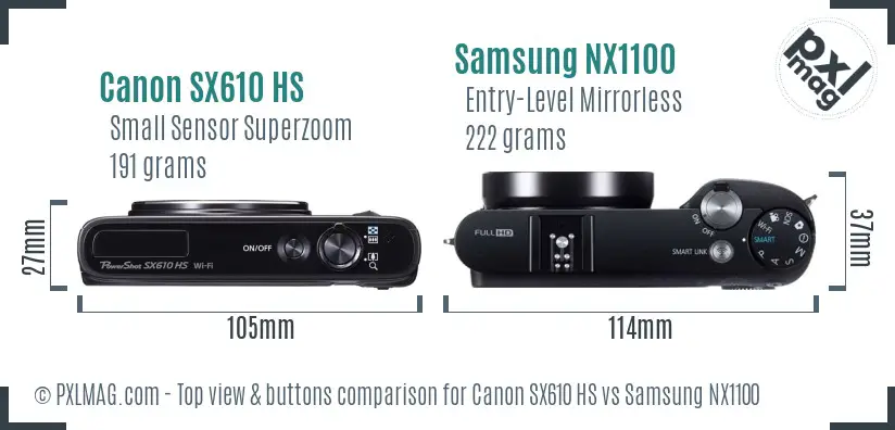 Canon SX610 HS vs Samsung NX1100 top view buttons comparison Canon SX610 HS vs Samsung NX1100 top view buttons comparison