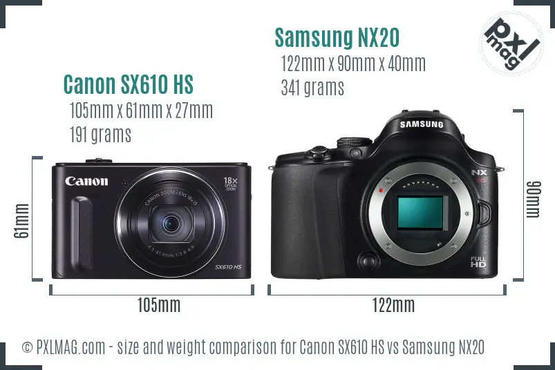 Canon SX610 HS vs Samsung NX20 size comparison