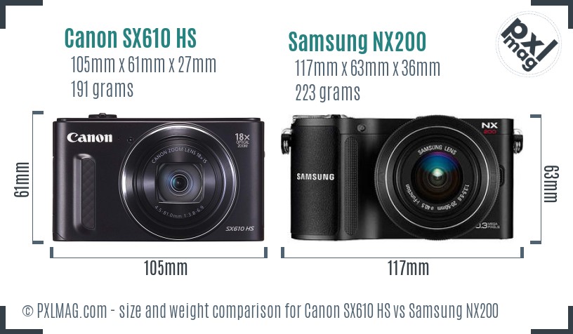 Canon SX610 HS vs Samsung NX200 size comparison