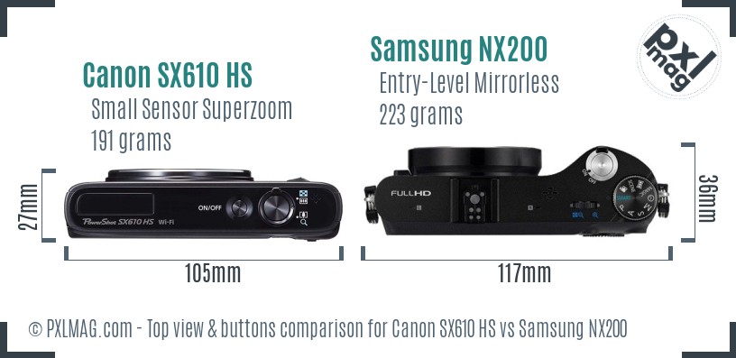 Canon SX610 HS vs Samsung NX200 top view buttons comparison