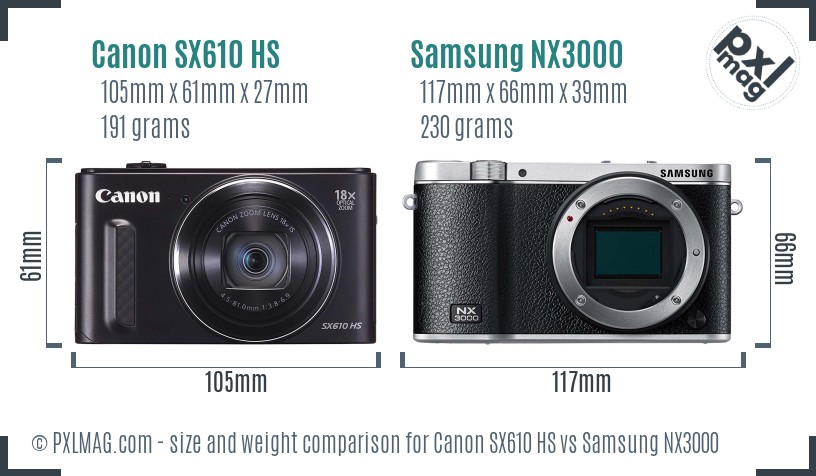 Canon SX610 HS vs Samsung NX3000 size comparison
