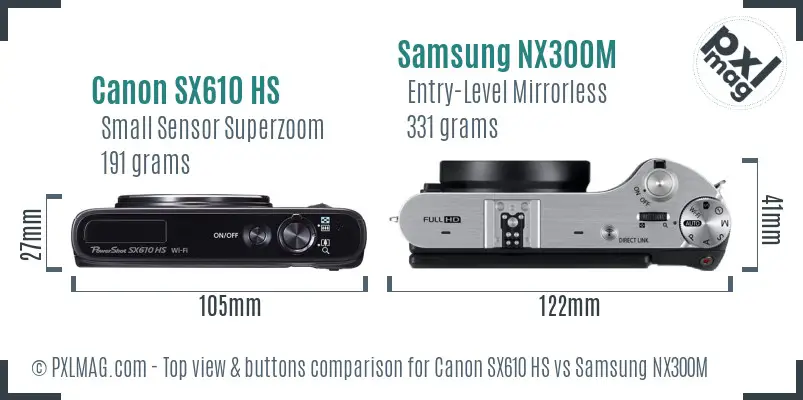Canon SX610 HS vs Samsung NX300M top view buttons comparison Canon SX610 HS vs Samsung NX300M top view buttons comparison