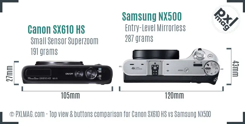 Canon SX610 HS vs Samsung NX500 top view buttons comparison