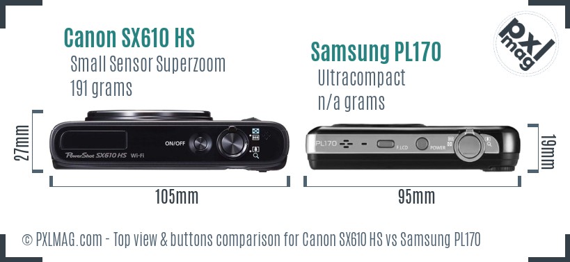 Canon SX610 HS vs Samsung PL170 top view buttons comparison