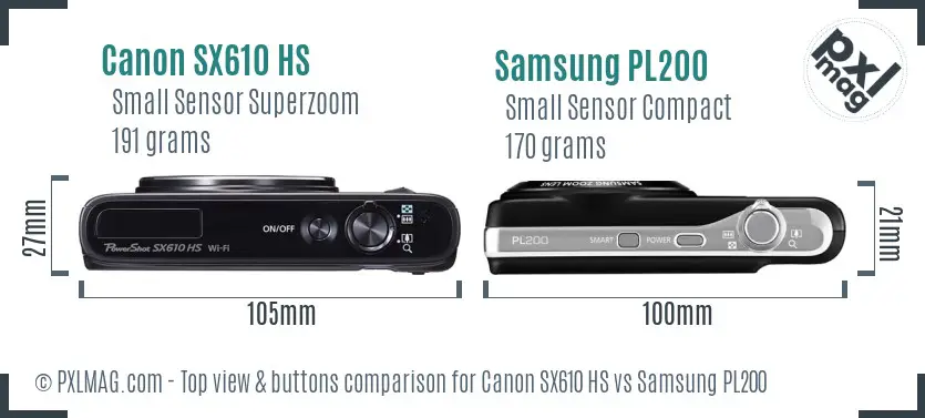 Canon SX610 HS vs Samsung PL200 top view buttons comparison Canon SX610 HS vs Samsung PL200 top view buttons comparison