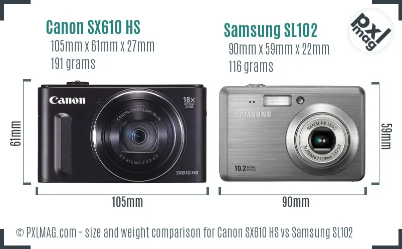 Canon SX610 HS vs Samsung SL102 size comparison