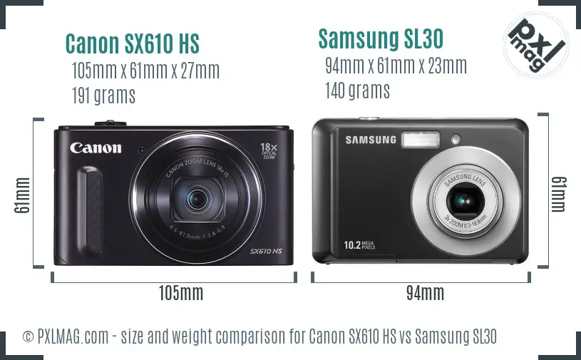 Canon SX610 HS vs Samsung SL30 size comparison