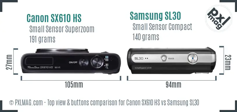 Canon SX610 HS vs Samsung SL30 top view buttons comparison