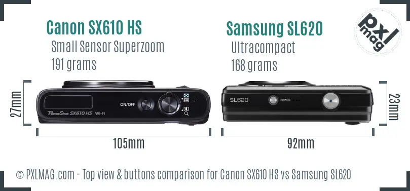 Canon SX610 HS vs Samsung SL620 top view buttons comparison