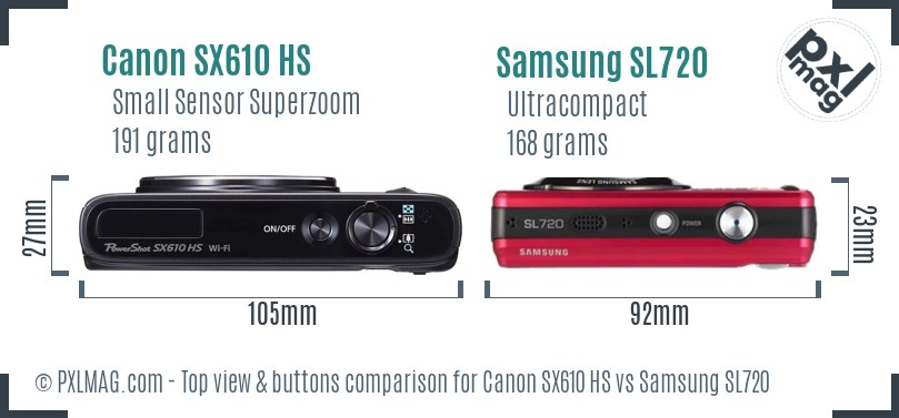 Canon SX610 HS vs Samsung SL720 top view buttons comparison
