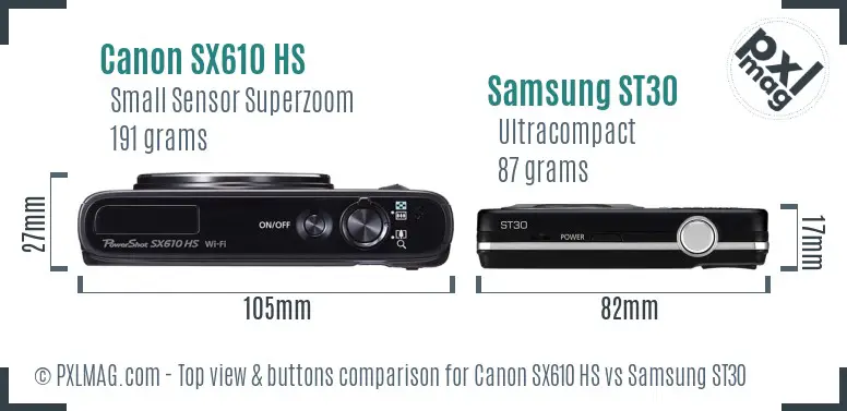 Canon SX610 HS vs Samsung ST30 top view buttons comparison