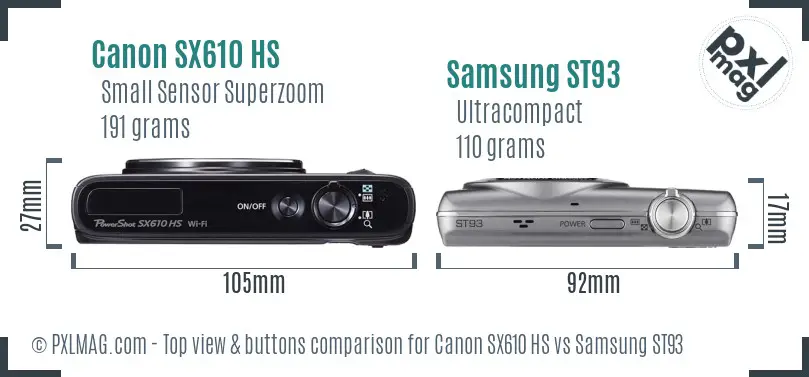 Canon SX610 HS vs Samsung ST93 top view buttons comparison Canon SX610 HS vs Samsung ST93 top view buttons comparison